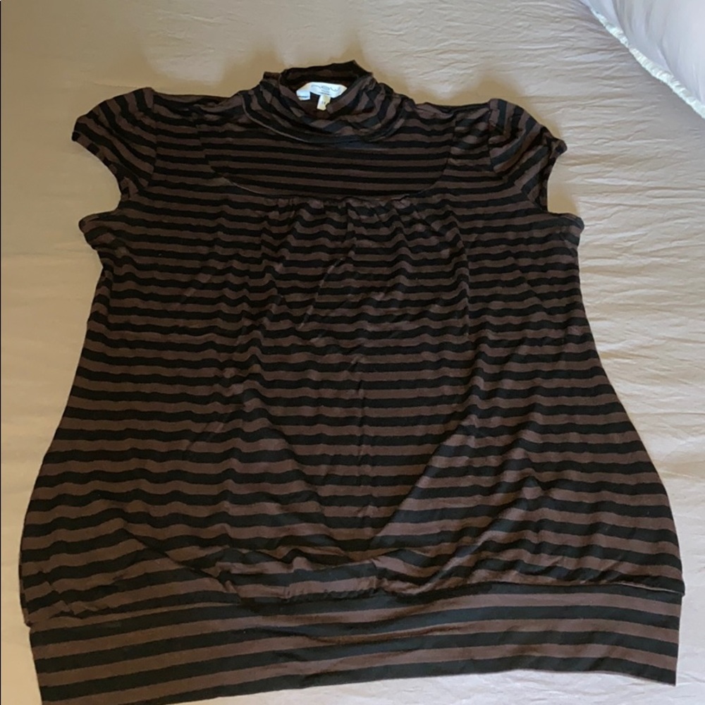 Brown and black stripped short sleeved shirt.